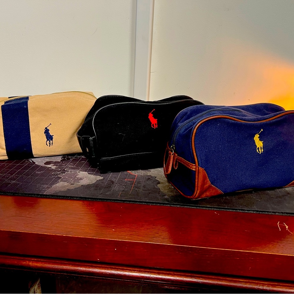 Three Ralph Lauren Polo Toiletry Bags.                 10” X 9” X 4” Size approx